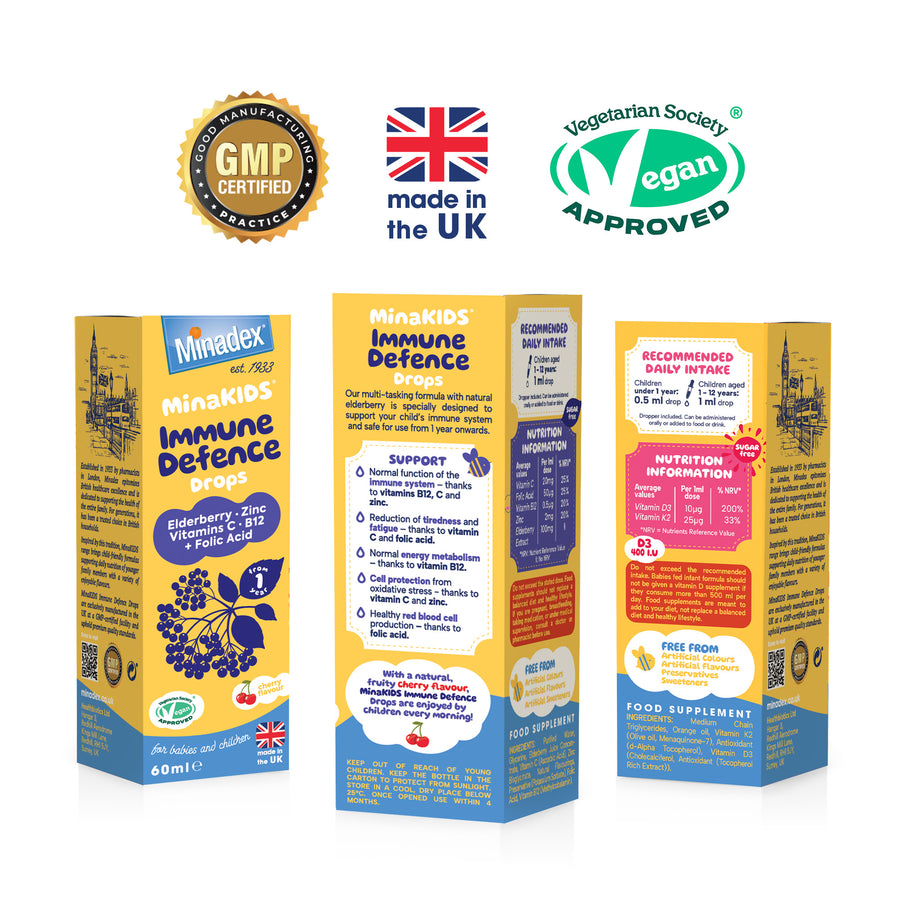 Minakids Immune Defence Drops – Elderberry, Zinc, Vitamin C, Folic Acid & B12 (60ml).