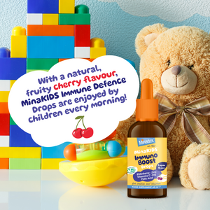 PRE-ORDER NOW - MINAKIDS IMMUNO BOOST DROPS - Immune Guard Drops – Sugar-Free Elderberry multivitamin with Vitamin C, B12, Folic Acid &amp; Zinc (60ml)